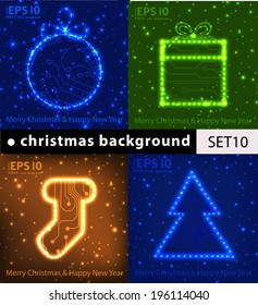 EPS10 Christmas tree, ball, gift and sock in circuit board style vector background