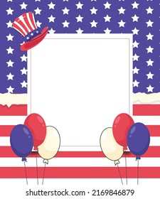 EPS10 clean 4th of july happy independence day greeting card flat iillustration background isolated on a paper cut out star spangled banner flag with uncle sam hat, balloons, and line art