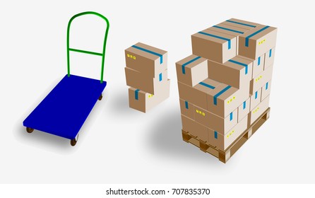 eps10. Closed box, delivery of boxes with fragile signs on wooden pallet and storage trolley, isolated on white background vector illustration.