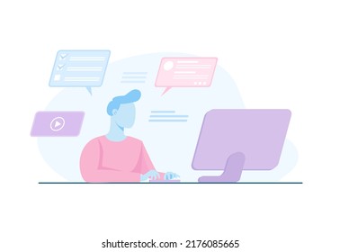 EPS10 diseño de ilustración plana conceptual de un empleado trabajando, completando tareas, un hombre abierto aplicaciones en línea, notificaciones de computadora, lista de tareas, reproducción de video, independiente, trabajo desde casa
