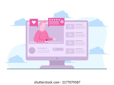 EPS10  conceptual flat illustration design of a video blogger reviewing a smartphone, vlogger unboxing a smartphone on a computer screen video player design