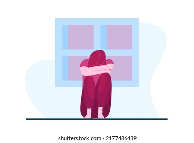 EPS10 conceptual flat illustration design of a depressed, sad lonely woman, woman crying covering her head