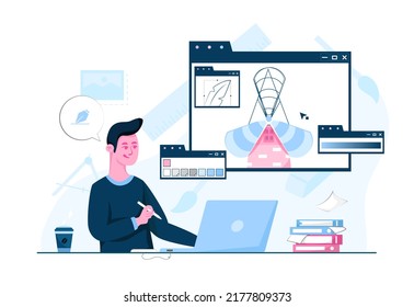 EPS10 conceptual flat illustration design of a graphic designer with digital pencil working on windmill illustration design with a coffee isolated on an abstract background with various abstract desig