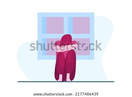 EPS10 conceptual flat illustration design of a depressed, sad lonely woman, woman crying covering her head