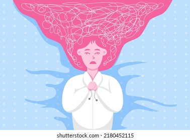 EPS10 conceptual flat illustration of a girl overthinking, depressed, anxious, have mental disorders laying on a blue polka dots bed vector design