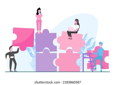 EPS10 ilustración plana conceptual de personas diminutas en un equipo de negocios que reúne piezas de rompecabezas problema para resolver el diseño de planificación de negocios