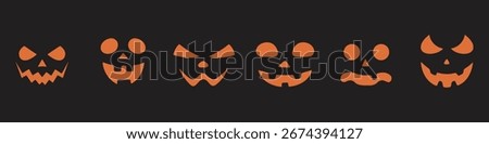 EPS10 Creepy orange pumpkin faces on a dark backdrop — ideal for Halloween stickers, prints, invitations, and party décor. A mix of scary and funny jack-o’-lanterns