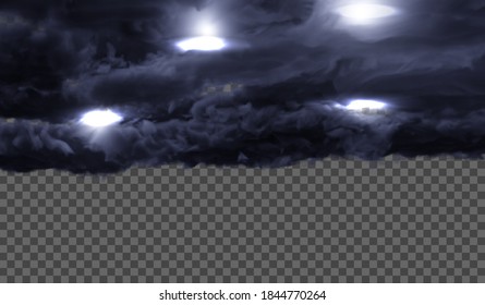 eps10. Dark, dense thunderclouds with flashes from lightning on a transparent background. Vector illustration.