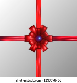 EPS10. Decorative red bows with horizontal red ribbon isolated on white background. Vector illustration. Holiday decorations
