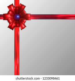 EPS10. Decorative red bows with horizontal red ribbon isolated on white background. Vector illustration. Holiday decorations