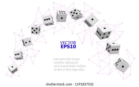 eps10. Dice in the form of an arch surrounded by a network of lines and points in the form of triangular polygons. Vector illustration. Presentation background.