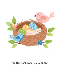 EPS10 EasterCozy Nest with Colorful Eggs and Birds.Brightly painted eggs in a warm bird’s nest, with delicate birds nearby. The atmosphere of spring, renewal, and celebration.