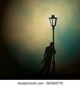 EPS10 editable vector illustration of a drunken man leaning against a lamp-post at night made using a gradient mesh