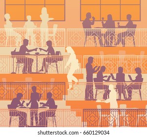 Eps10 editable vector illustration of people dining on terraces at a restaurant 