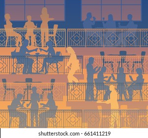EPS10 bearbeitbare Vektorgrafik von Menschen, die auf Terrassen in einem Restaurant essen 