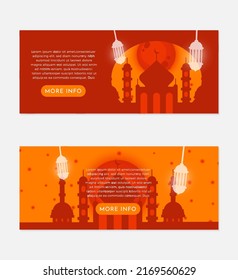 EPS10 elegant Islamic mosque with lanterns and realistic moon flat illustration banner set with description box and an orange more info button perfect for your website isolated on a greyish-white