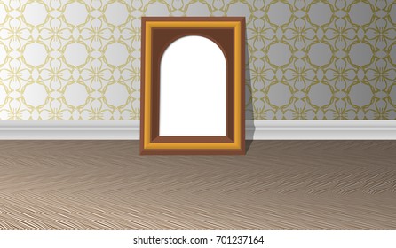 eps10. Empty golden horizontal picture frame on a white wall with patterns and parquet floor, design template
