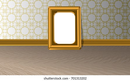 eps10. Empty golden horizontal picture frame on a white wall with patterns and parquet floor, design template
