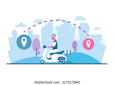 EPS10 express male courier, delivery courier, delivery service, delivery staff, on the way concept riding a scooter map icons destination flat illustration concept design