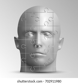 eps10. The face of a man consisting of a puzzle. Vector illustration of a logical task