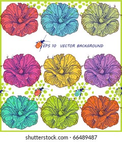 eps10 fantasy background with colorful rows of hand drawn flowers and bugs