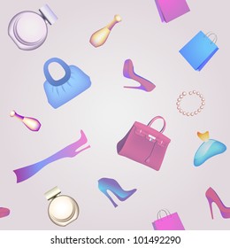 eps10 fashion seamless background with colored shoes,bags and perfume
