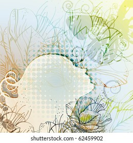 eps10  female profile against the backdrop of flowers and leaves