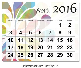 EPS10 file. April 2016 calendar. The EPS file includes the version in blue, green and black in different layers