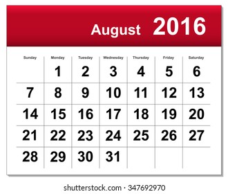 EPS10 file. August 2016 calendar. The EPS file includes the version in blue, green and black in different layers