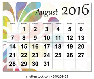 EPS10 file. August 2016 calendar. The EPS file includes the version in blue, green and black in different layers