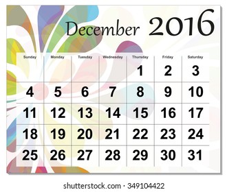 EPS10 file. December 2016 calendar. The EPS file includes the version in blue, green and black in different layers
