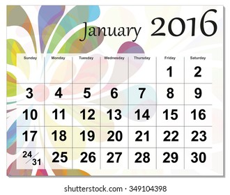 EPS10 file. January 2016 calendar. The EPS file includes the version in blue, green and black in different layers