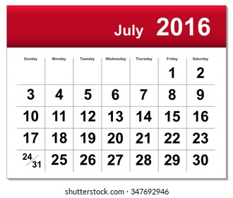 EPS10 file. July 2016 calendar. The EPS file includes the version in blue, green and black in different layers