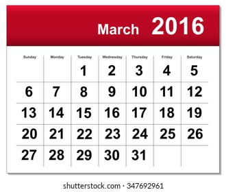 EPS10 file. March 2016 calendar. The EPS file includes the version in blue, green and black in different layers