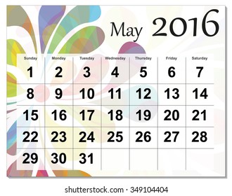 EPS10 file. May 2016 calendar. The EPS file includes the version in blue, green and black in different layers