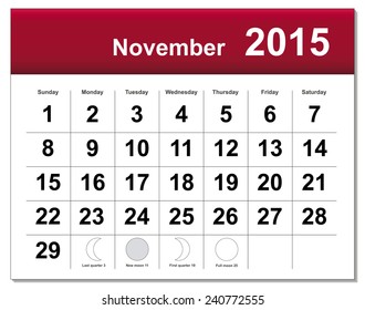 EPS10 file. November 2015 calendar. The EPS file includes the version in blue, green and black in different layers