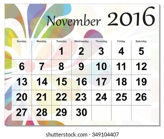 EPS10 file. November 2016 calendar. The EPS file includes the version in blue, green and black in different layers