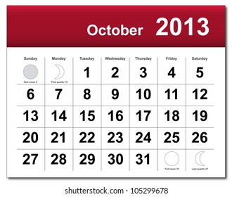 EPS10 file. October 2013 calendar. The EPS file includes the version in blue, green and black in different layers