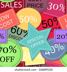 EPS10 file. Seamless vector with colorful tags of price discounts and offers