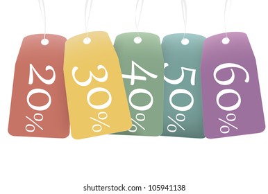 EPS10 file. Several colored labels with various discounts from 20% to 60%