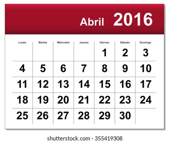 EPS10 file. Spanish version of April 2016 calendar. The EPS file includes the version in blue, green and black in different layers