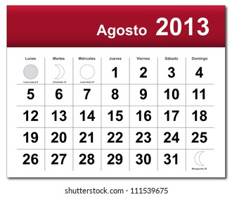 EPS10 file. Spanish version of August 2013 calendar. The EPS file includes the version in blue, green and black in different layers