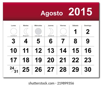 EPS10 file. Spanish version of August 2015 calendar. The EPS file includes the version in blue, green and black in different layers