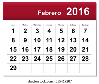 EPS10 file. Spanish version of February 2016 calendar. The EPS file includes the version in blue, green and black in different layers