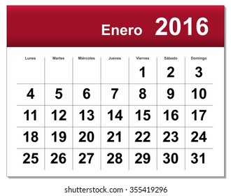 EPS10 file. Spanish version of January 2016 calendar. The EPS file includes the version in blue, green and black in different layers