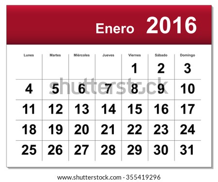 EPS10 file. Spanish version of January 2016 calendar. The EPS file includes the version in blue, green and black in different layers