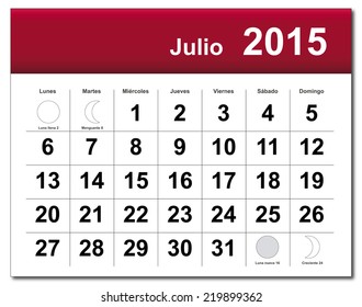 EPS10 file. Spanish version of July 2015 calendar. The EPS file includes the version in blue, green and black in different layers