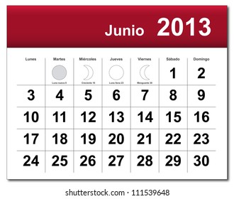 EPS10 file. Spanish version of June 2013 calendar. The EPS file includes the version in blue, green and black in different layers