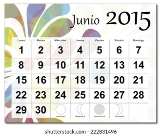 EPS10 file. Spanish version of June 2015 calendar. The EPS file includes the version in blue, green and black in different layers