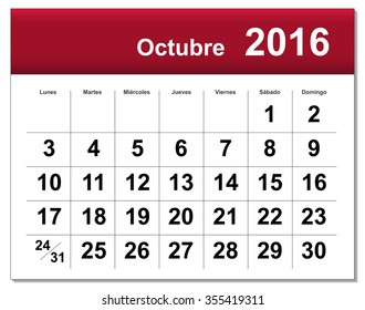 EPS10 file. Spanish version of October 2016 calendar. The EPS file includes the version in blue, green and black in different layers